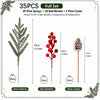 A set of 35 artificial pine sprays, red berries, and pine cones for DIY crafts and holiday decor.