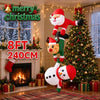 An inflatable decoration featuring Santa, a reindeer, and a snowman stacked together in a Christmas theme.