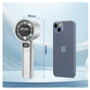 A silver handheld cooling fan with a lens and power indicator is shown next to a smartphone.
