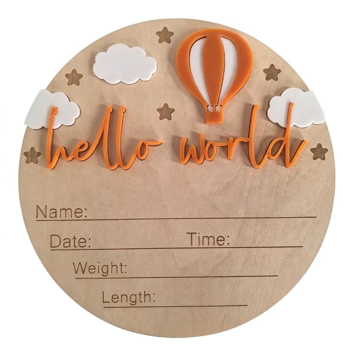 A natural wood birth announcement plaque featuring an orange hot air balloon and stars against a light background.