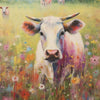 A painting of a white Highland cow looking at the viewer amidst colorful wildflowers in a green field.