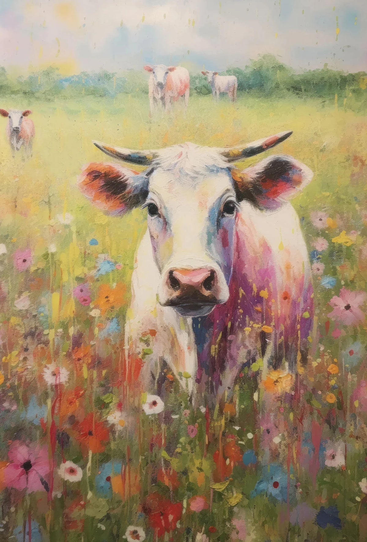 A painting of a white Highland cow looking at the viewer amidst colorful wildflowers in a green field.