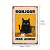Panneau d'art mural vintage français avec illustration de chat noir et le texte Bonjour Mon Amour