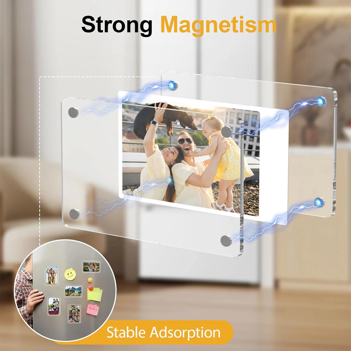 Clear acrylic magnetic photo frame demonstrating strong magnetism and stable adsorption for displaying photos.