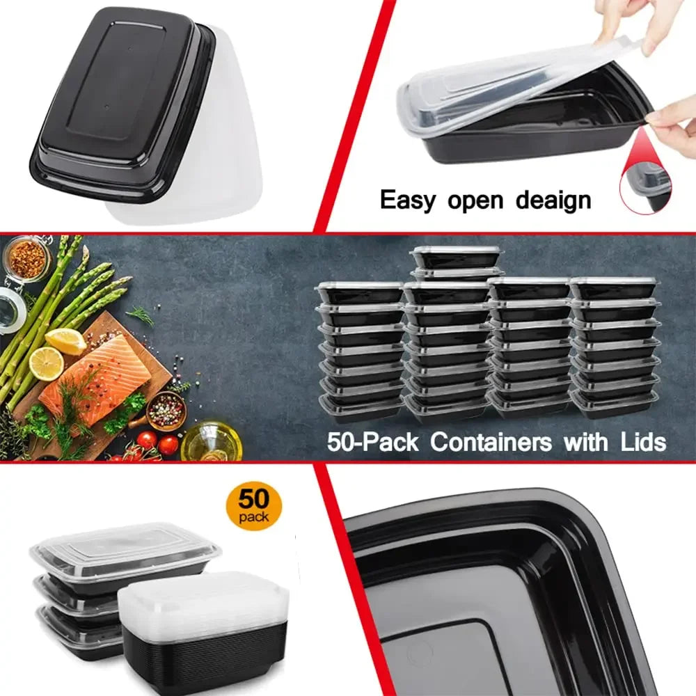 Various black plastic food storage containers with lids shown in different stacks and individual views.