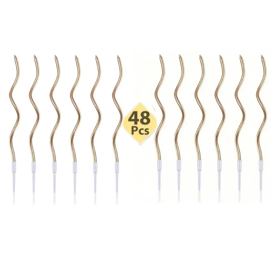 A set of 48 long thin spiral cake candles for celebrations.