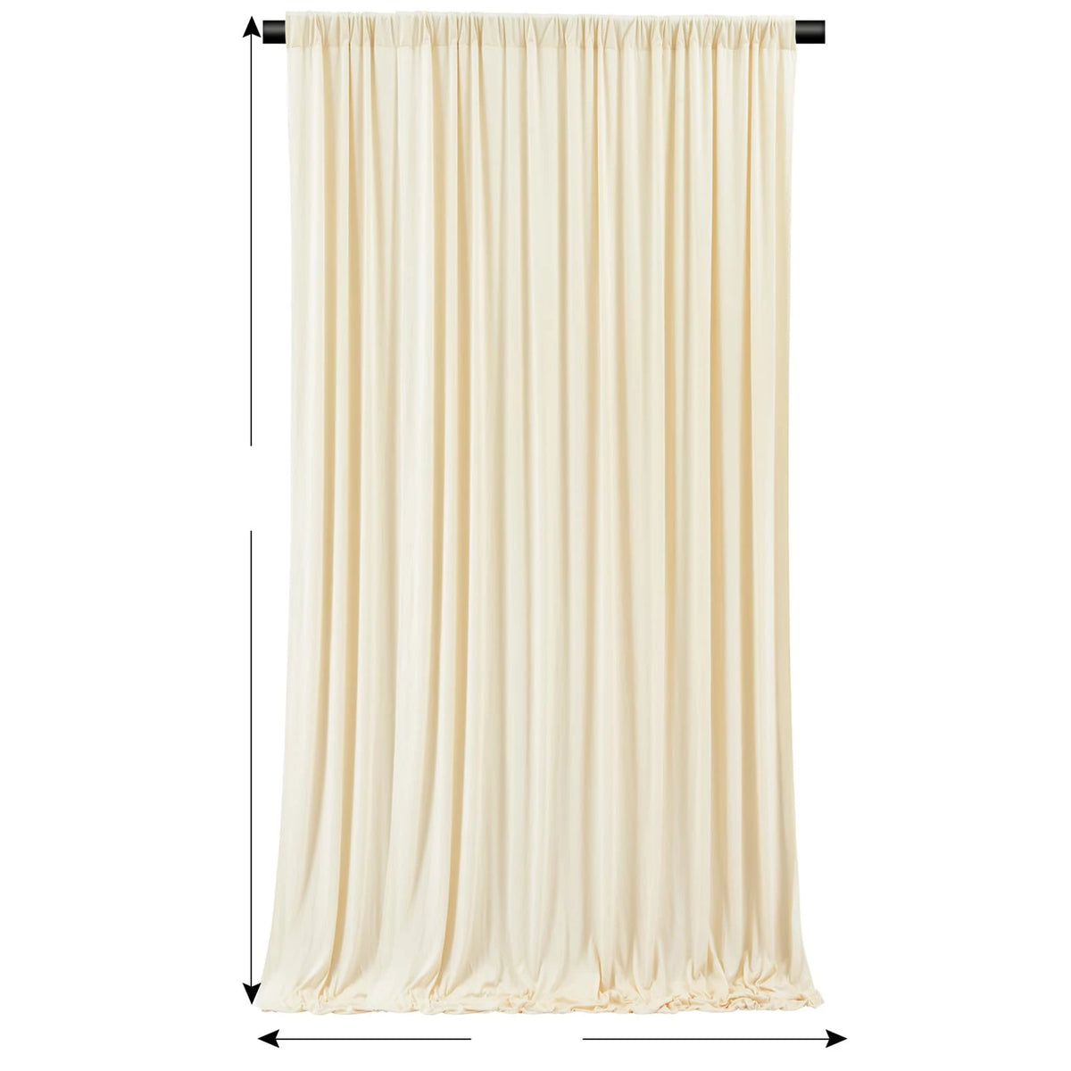 A floor-length, cream-colored backdrop curtain with vertical pleats, shown hanging from a rod.