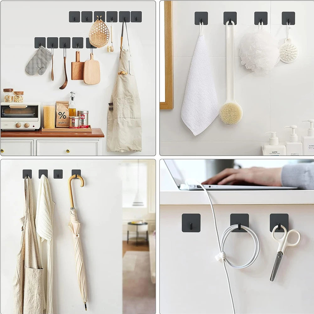 Stainless steel self-adhesive wall hooks hanging various items like towels and tools in a kitchen or bathroom