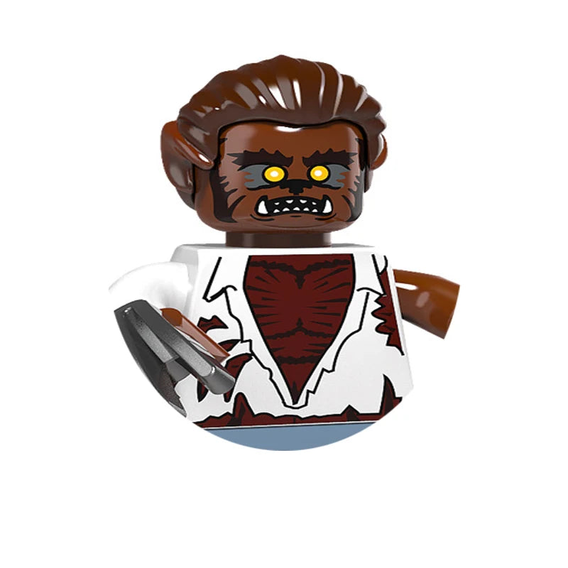 A building block figure of a fierce, dark-skinned creature with glowing yellow eyes and brown hair.