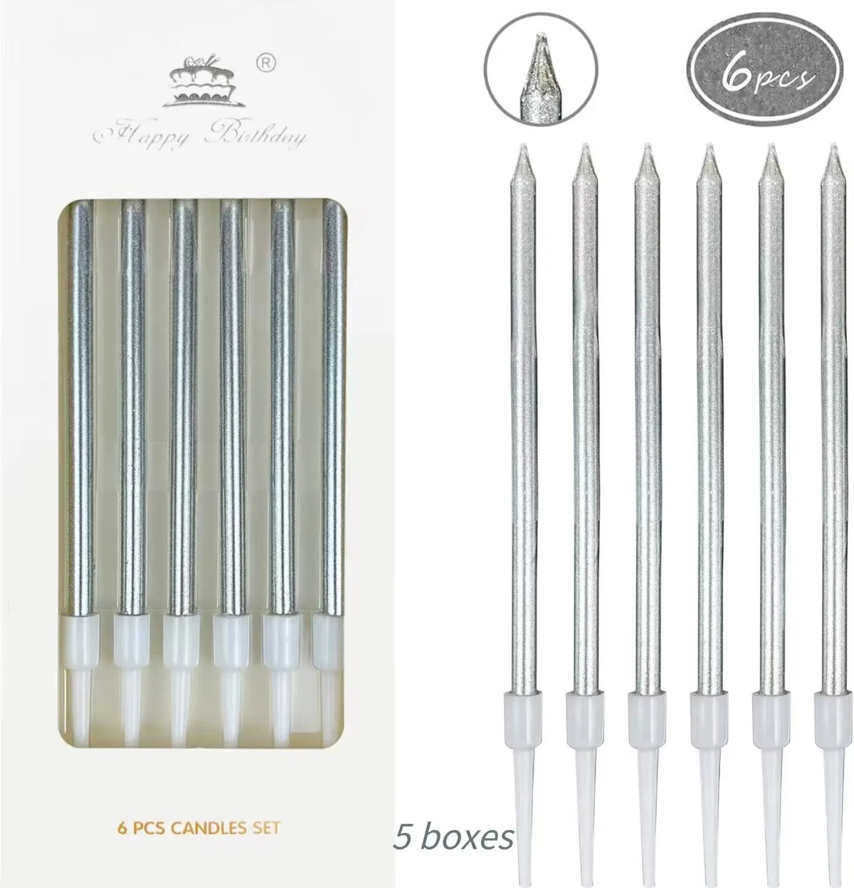 A set of six metallic birthday cake candles with holders shown in a vertical arrangement.