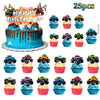 A colorful monster truck birthday party decoration kit featuring trucks, cupcakes, and a themed backdrop.