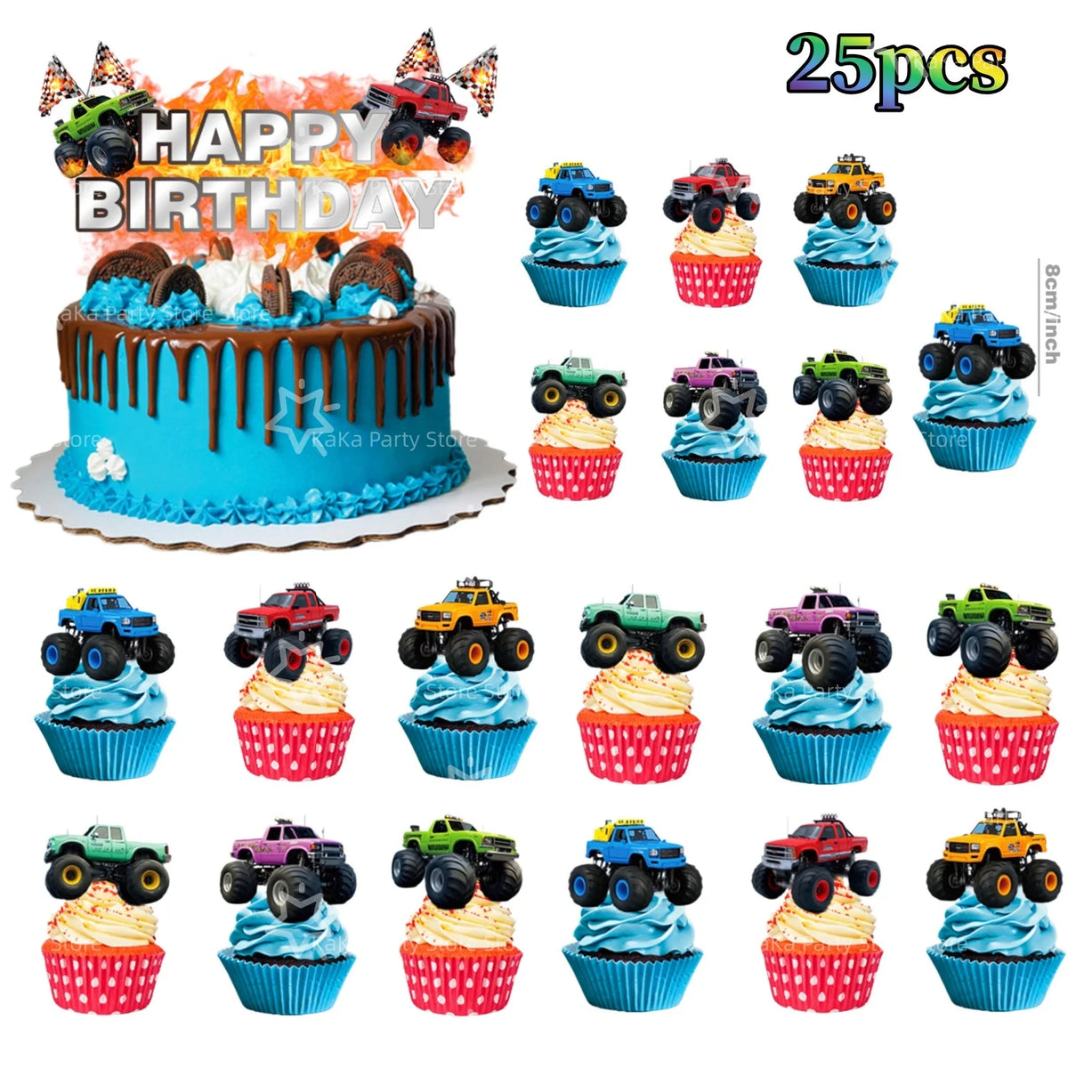 A colorful monster truck birthday party decoration kit featuring trucks, cupcakes, and a themed backdrop.