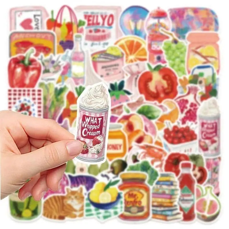 A hand is touching a sheet of retro cute food pattern decals featuring various fruits and vegetables.