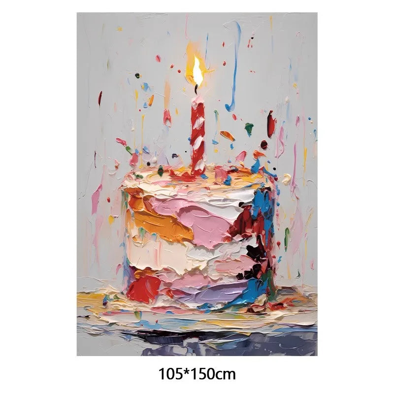 A vibrant, colorful birthday cake with lit candle and paint splatters on a white background.