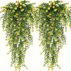 A set of three lifelike faux eucalyptus hanging plants with yellow flowers.