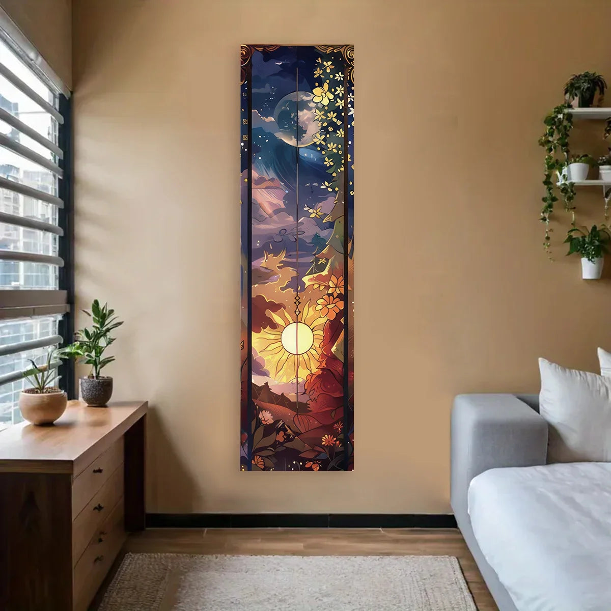 A vertical tapestry wall hanging depicting a celestial scene with a moon, stars, and vibrant floral elements.