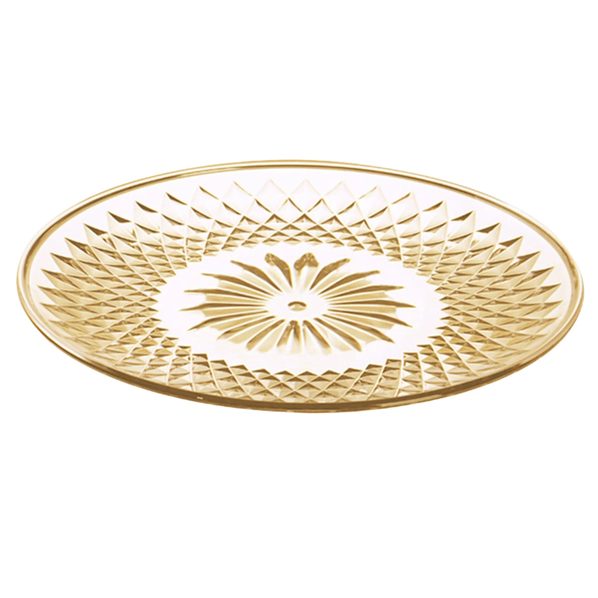 A golden clear acrylic serving plate with intricate geometric patterns for fruit, desserts, and appetizers.