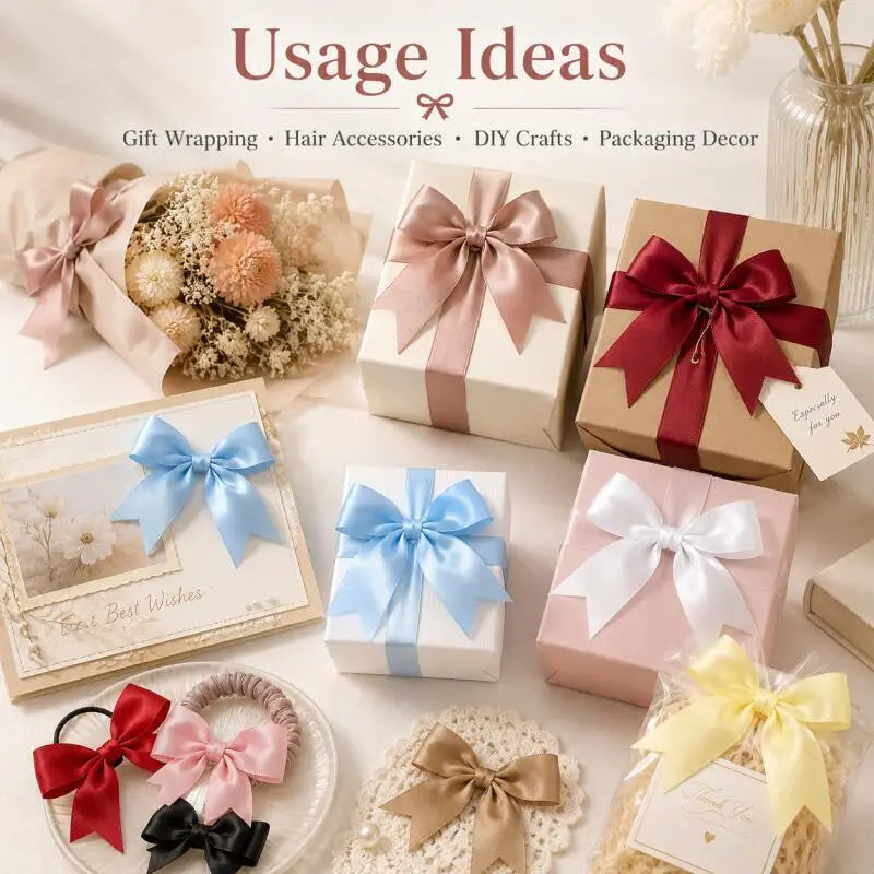 A collection of elegant satin ribbon bows in various colors like pink, red, blue, and white used for gift wrapping and DIY cr