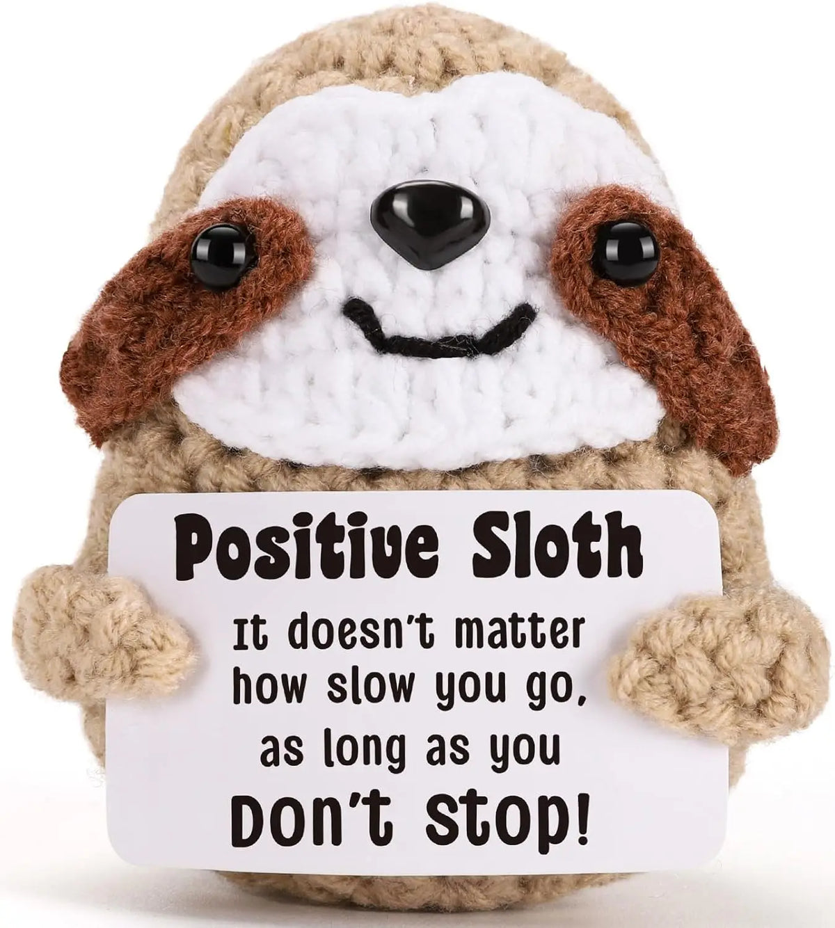 Handmade crochet sloth doll with a positive message card that reads Don't Stop.