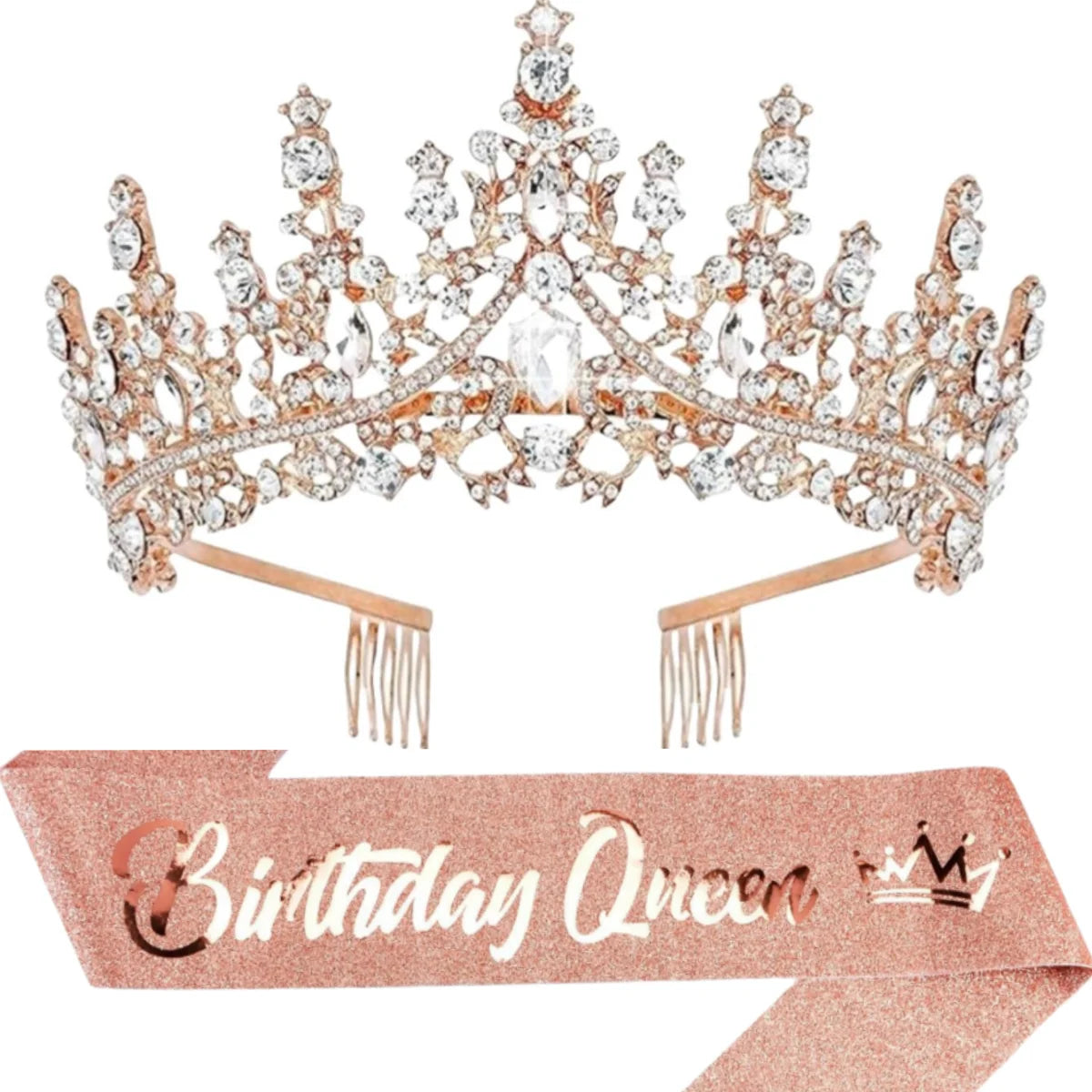 A sparkling gold and clear rhinestone tiara crown set with a rose gold sash for a birthday queen theme.