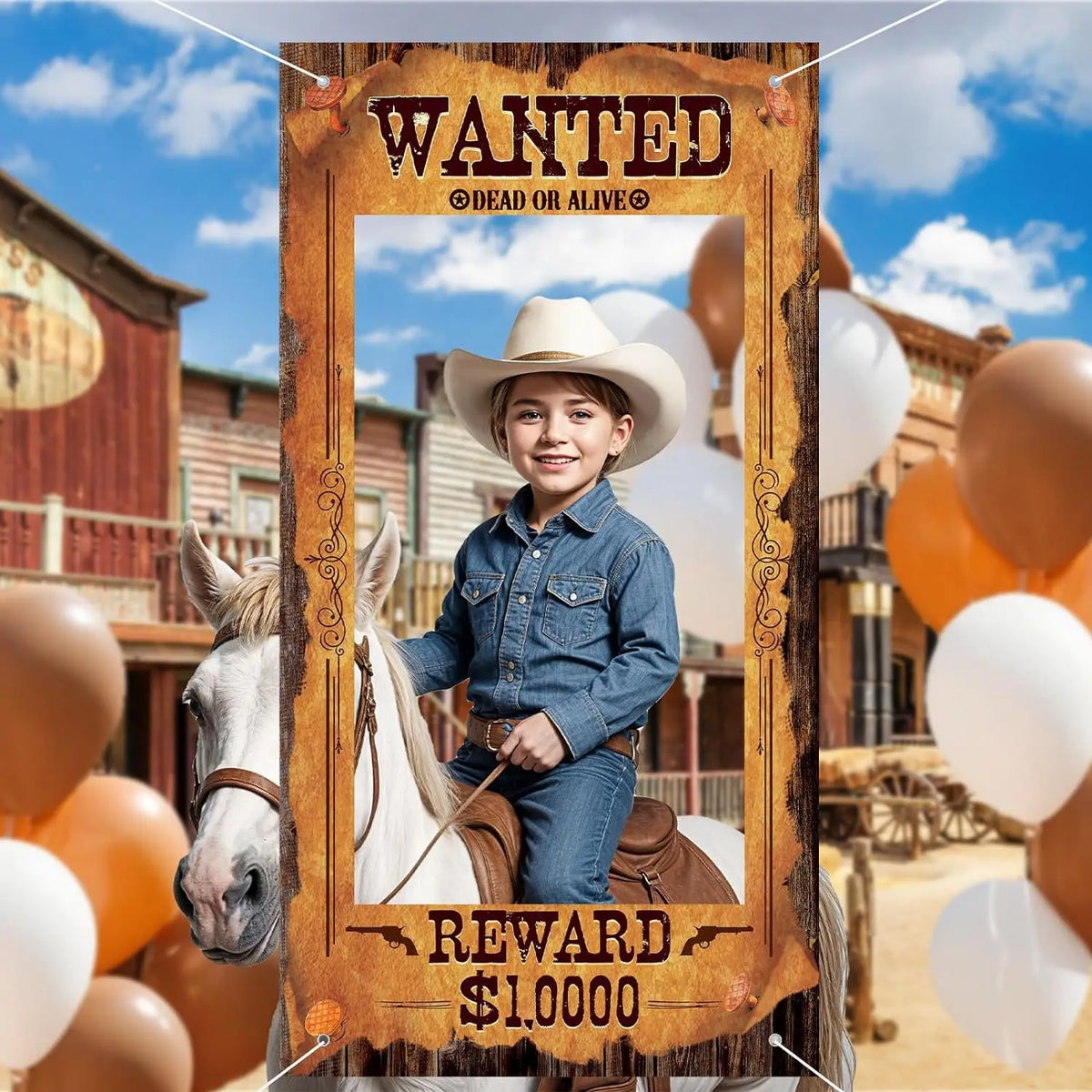 A wooden frame backdrop for a photo booth featuring a cowboy hat and horse, with the text WANTED DEAD OR ALIVE and REWARD $10