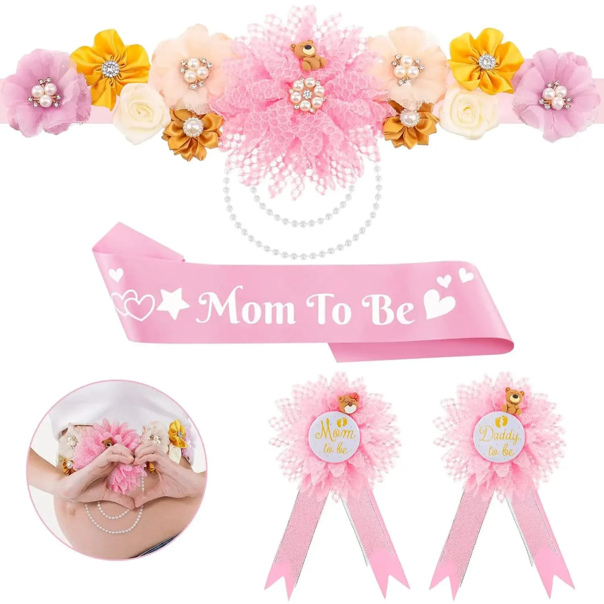 Pink floral maternity sash and corsage pin set with yellow and peach flowers