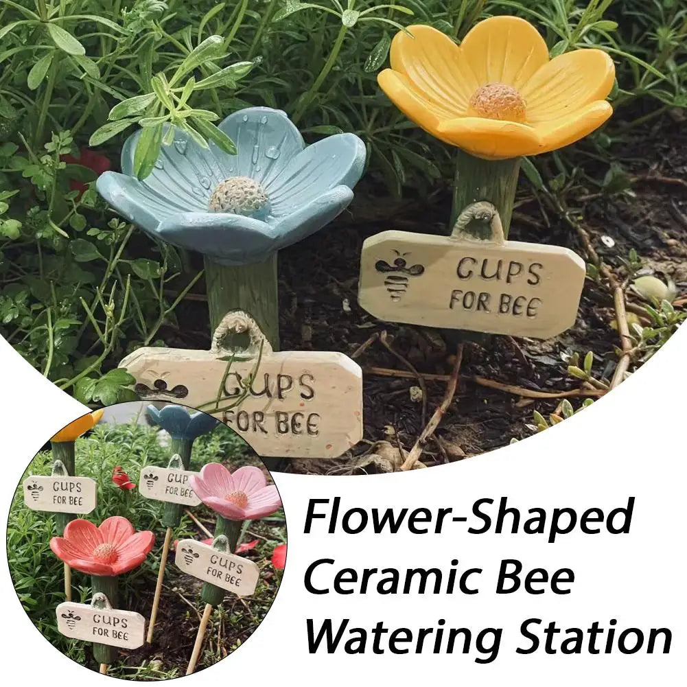 Flower-shaped ceramic bee watering station with yellow and blue flowers for bees