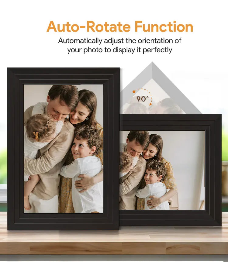 A black digital photo frame displaying a family portrait, demonstrating the auto-rotate function.