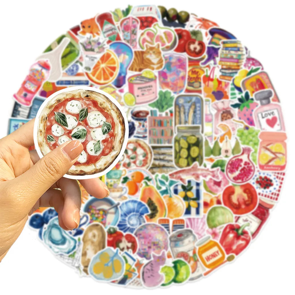 A colorful circle of Mediterranean aesthetic graffiti stickers on a white background.