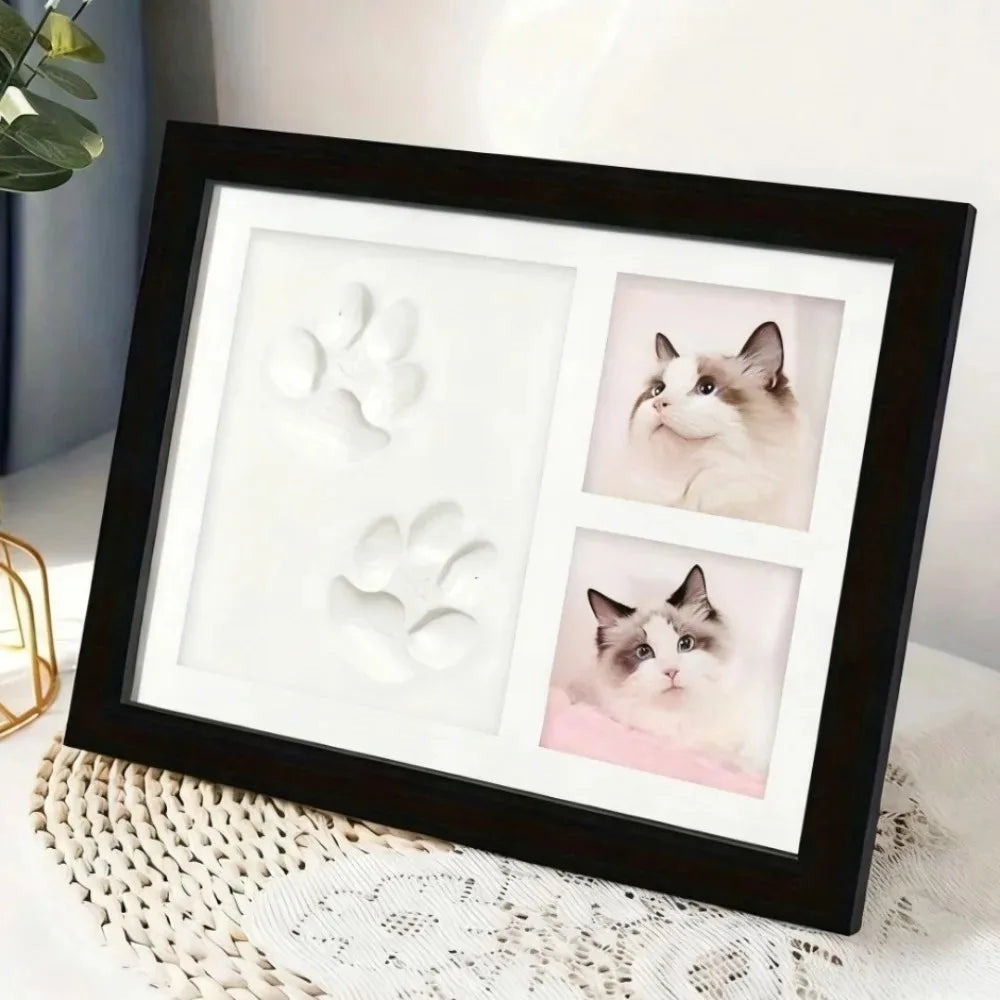 A black photo frame displaying white clay paw print molds and a photograph of a cat.