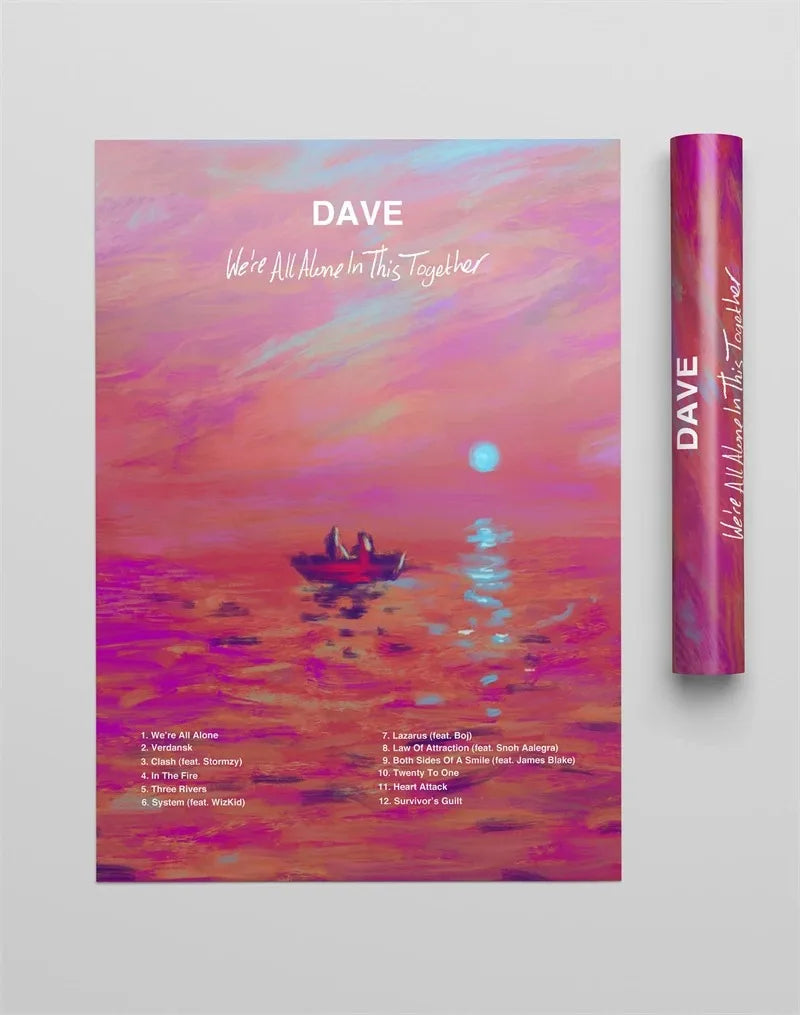 A vibrant pink and purple aesthetic hip hop album cover featuring the title Dave and lyrics We're All Alone In This Together.