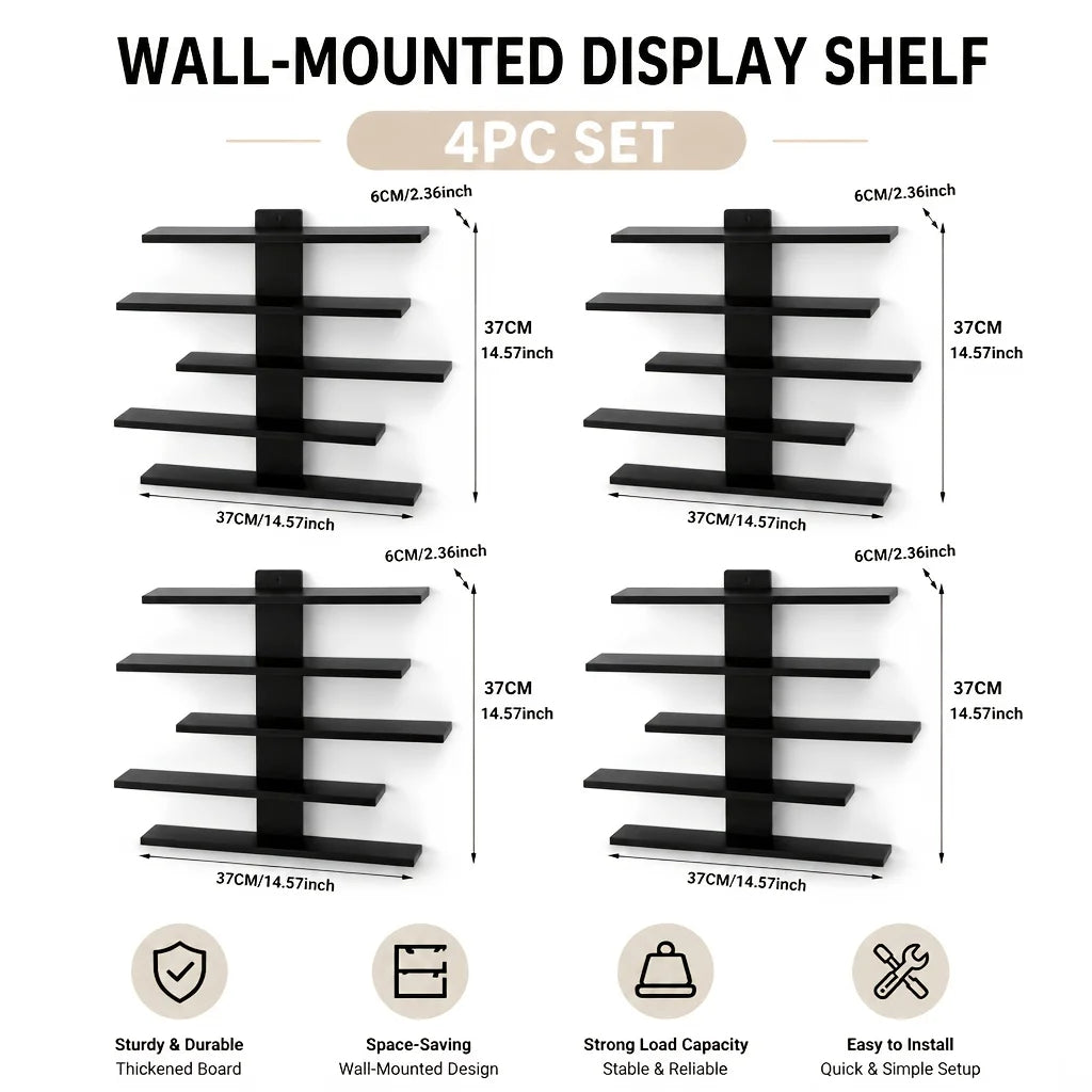 A set of four black wall-mounted display shelves with a sturdy design and strong load capacity.