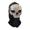 A realistic horror ghost skull latex mask with a weathered bone texture and white stripes, worn on a black fabric.