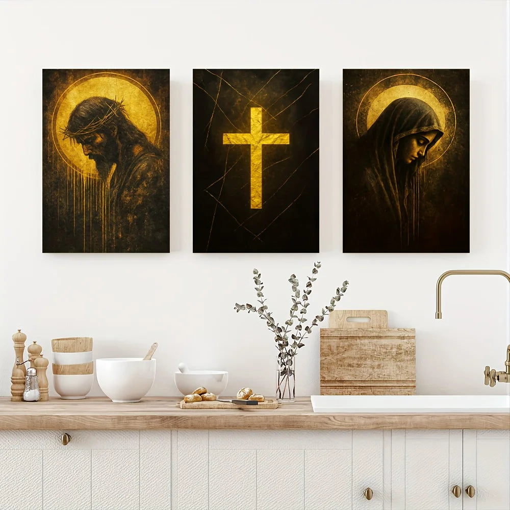 Three dark canvas prints featuring religious themes, including Jesus and a cross, for wall decor.