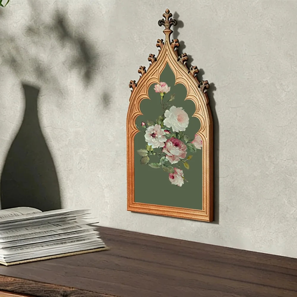 Vintage Gothic Church Window Wooden Wall Plaque - Antique Rose Finish