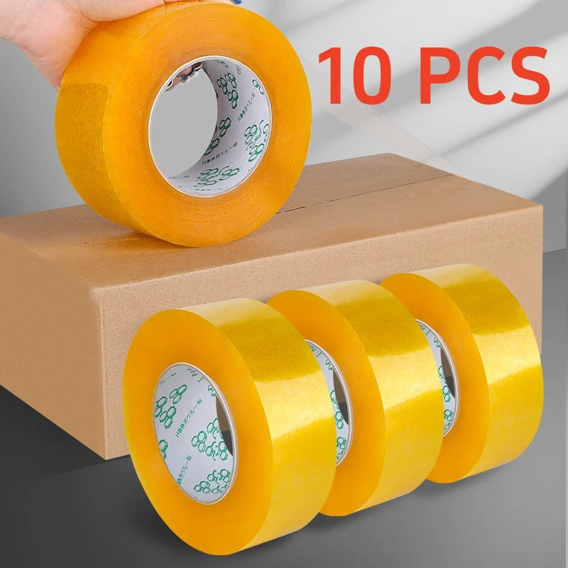 Ten rolls of yellow heavy-duty transparent packing tape for box sealing