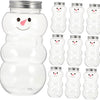 A set of six clear glass jars shaped like smiling snowmen with lids.