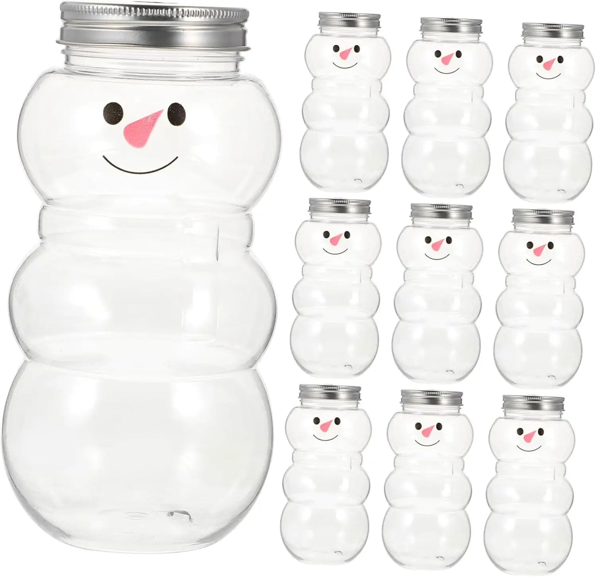 A set of six clear glass jars shaped like smiling snowmen with lids.