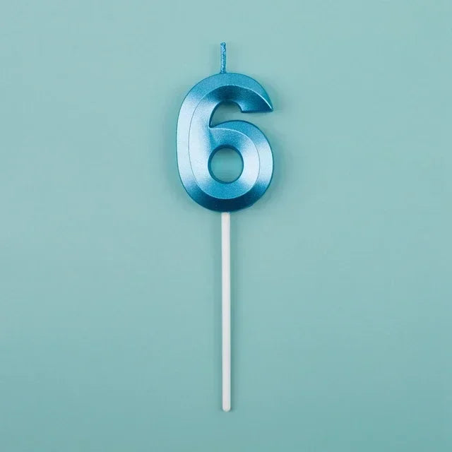 A blue number six candle on a white stick against a light teal background.