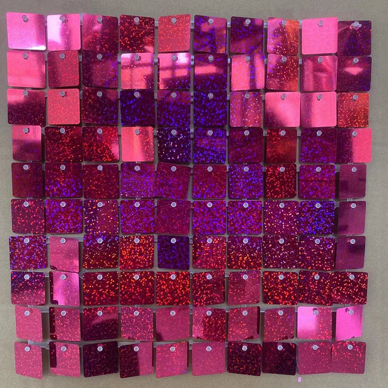 A grid of iridescent sequin shimmer wall panels in various shades of pink and purple.