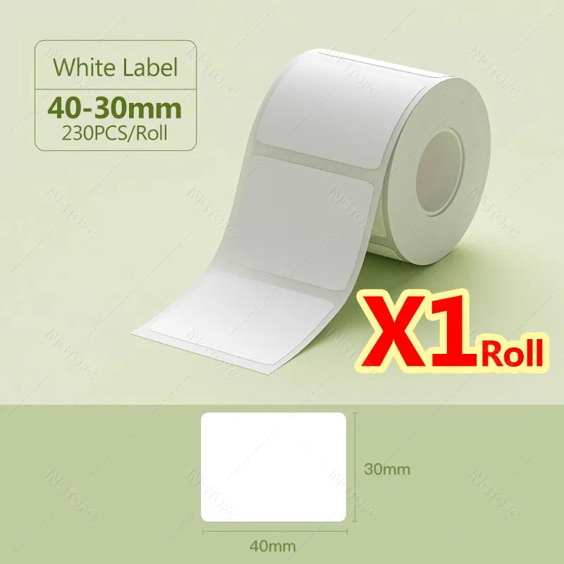 Roll of white thermal label paper, 40-30mm wide, for mini label printers.