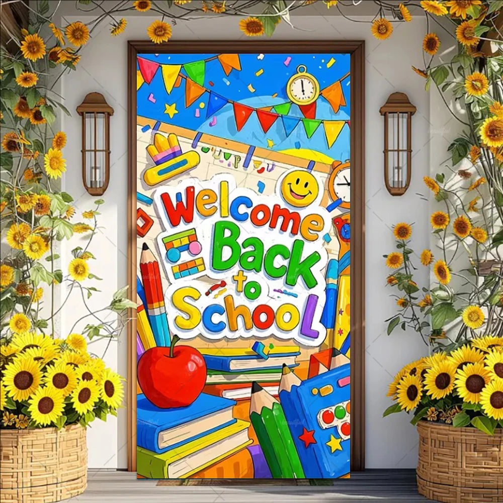 A colorful vinyl backdrop banner featuring a 'Welcome Back to School' design with apples and books.