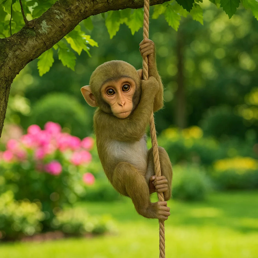 A small monkey figurine is hanging from a branch in a lush green garden setting.