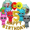 A set of colorful balloons featuring various cartoon characters and numbers for a birthday party theme
