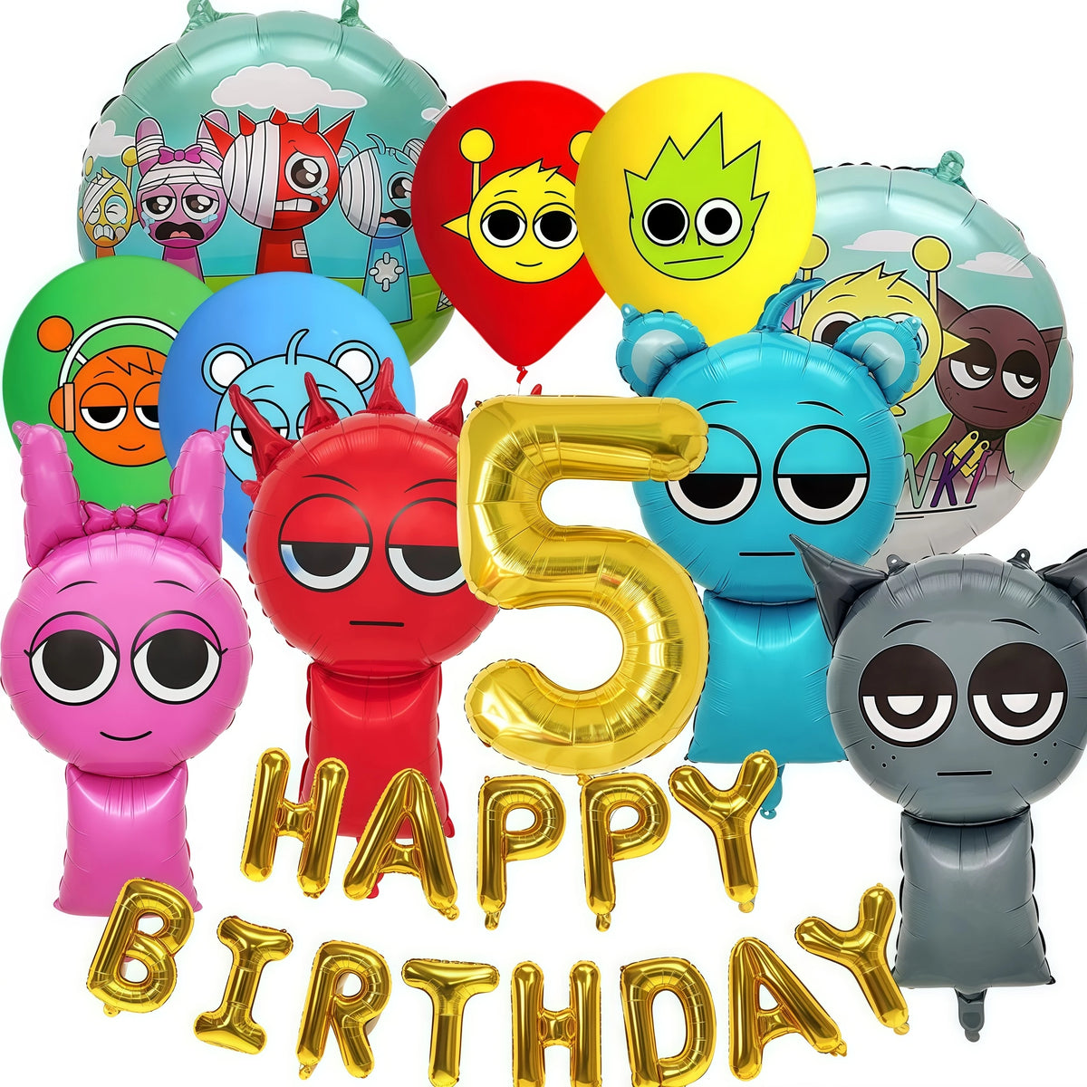 A set of colorful balloons featuring various cartoon characters and numbers for a birthday party theme