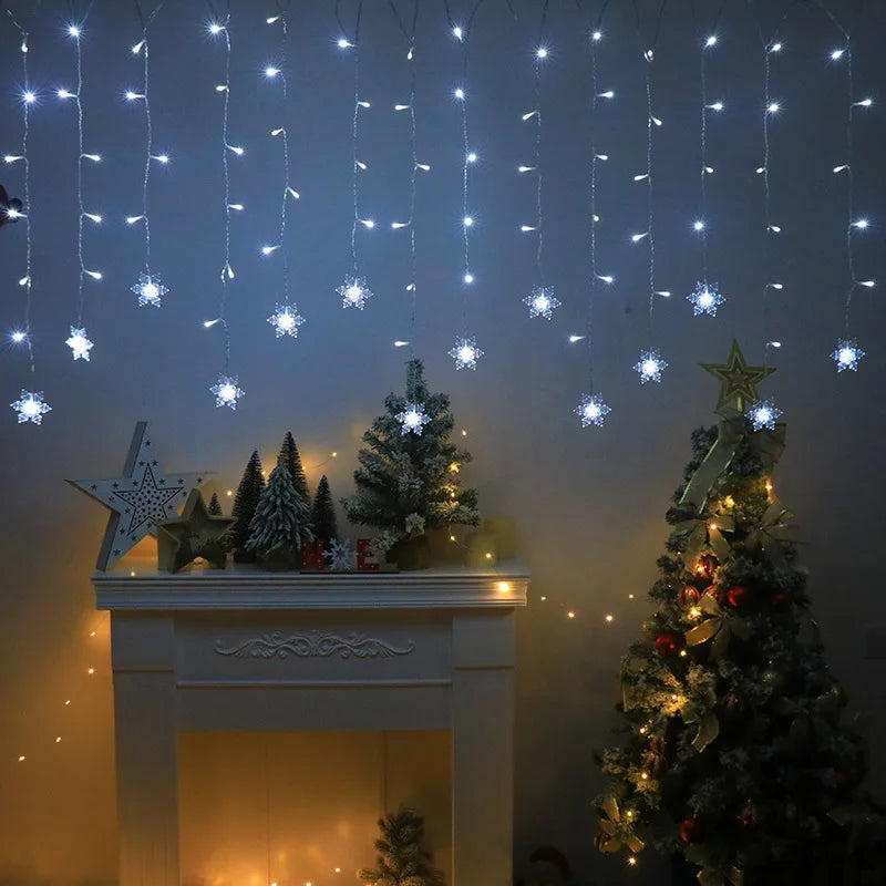 A display of twinkling LED butterfly curtain lights hanging against a dark background.