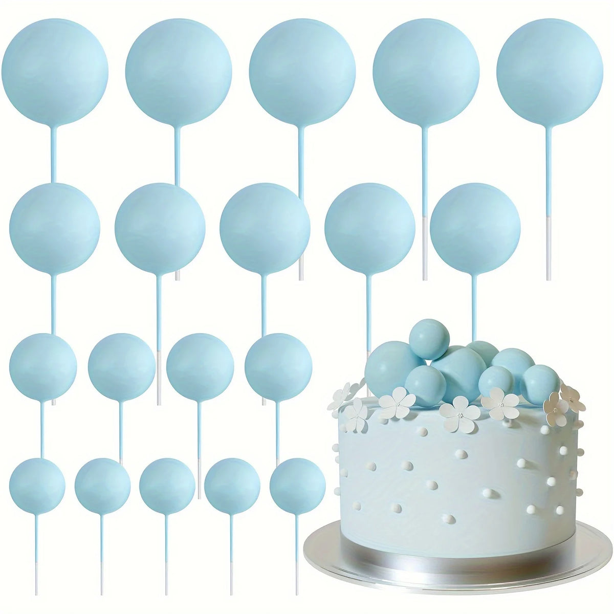 A set of twenty light blue mini foam ball cake toppers on white sticks for DIY party decor