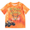 Orange t-shirt featuring a graphic print of a bull head and a monster truck.