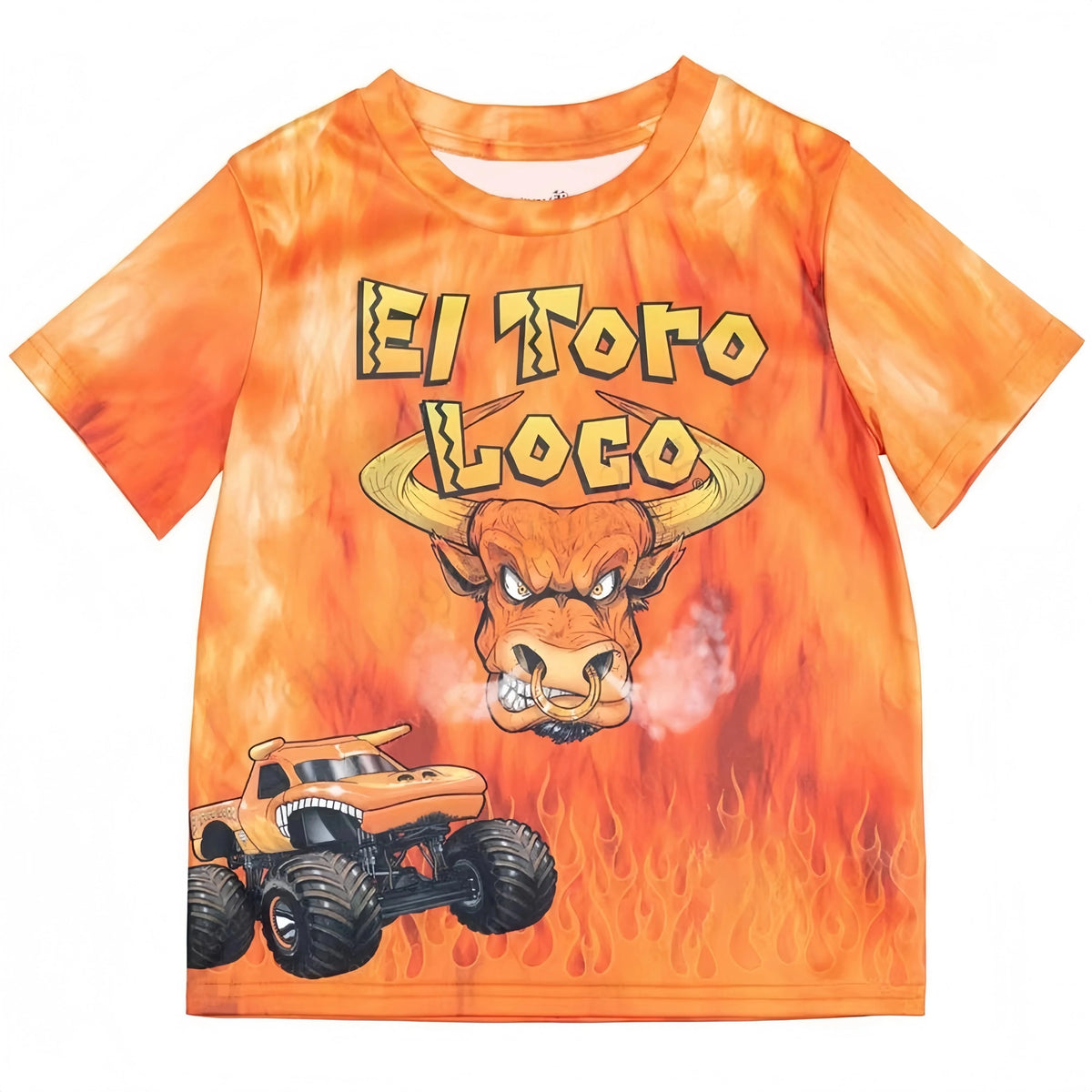 Orange t-shirt featuring a graphic print of a bull head and a monster truck.