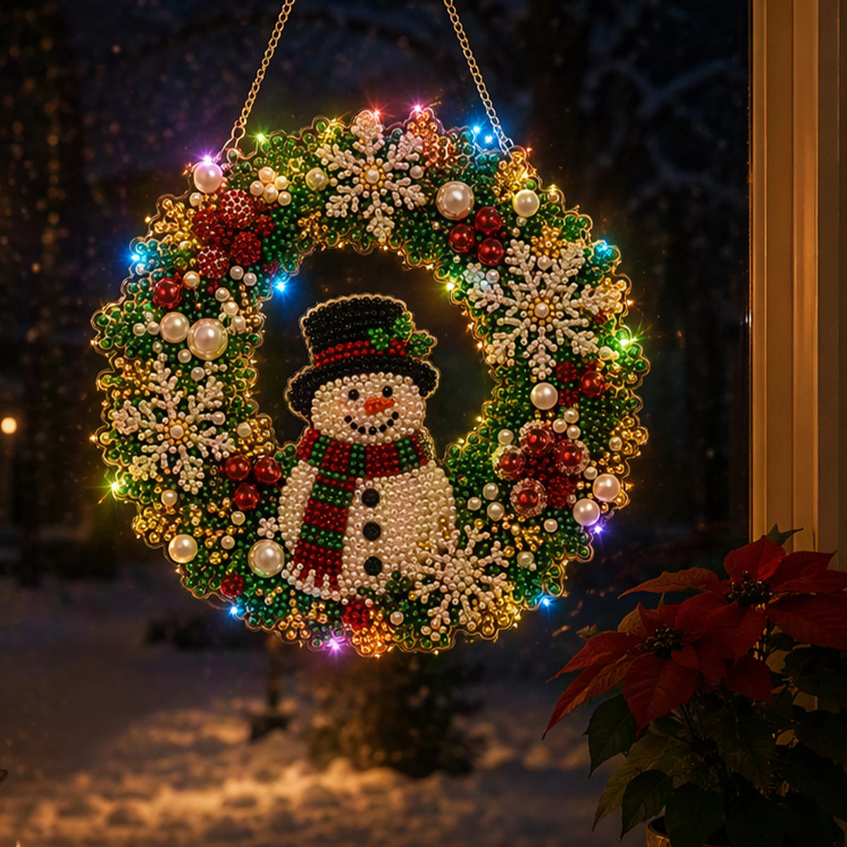 An LED-illuminated diamond painting wreath kit featuring a circular Christmas wreath decorated with red, green, and white ele